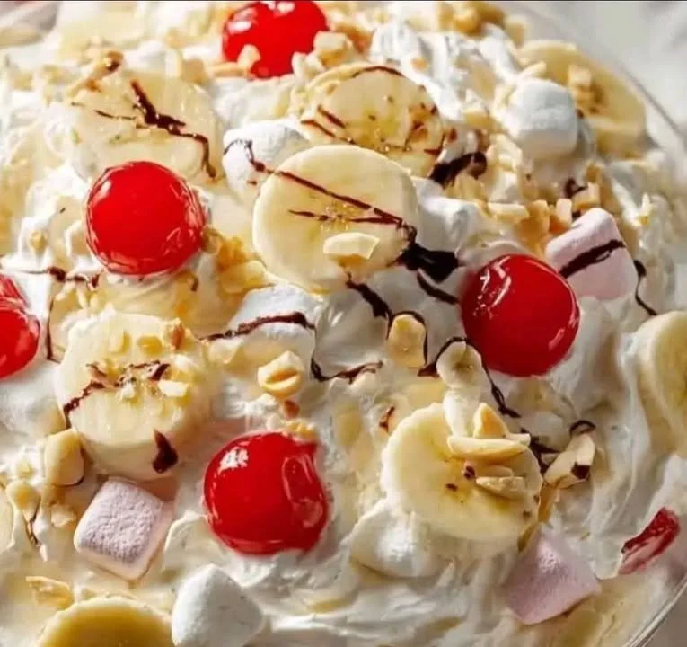 Delicious Banana Pineapple Fluff Salad in a bowl with fresh fruits