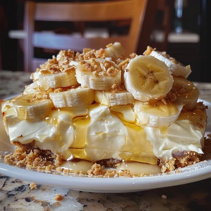 Delicious banana pudding cheesecake slice on a plate with a fork