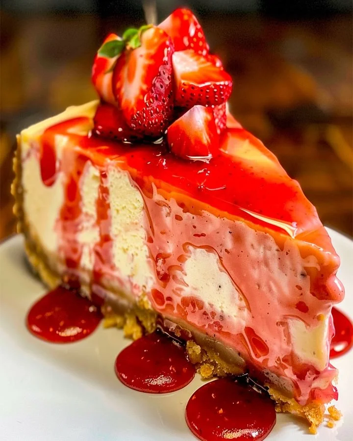 Delicious Banana Strawberry Cheesecake served with fresh fruit garnish.