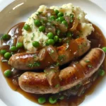 Plate of bangers and mash with sausage and onion gravy served on a rustic table.