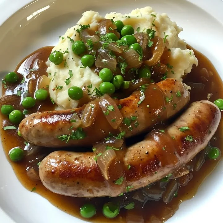 Plate of bangers and mash with sausage and onion gravy served on a rustic table.