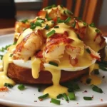 Delicious Bay Lobster Eggs Benedict served with poached eggs and hollandaise sauce