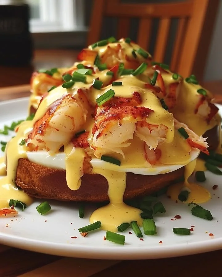 Delicious Bay Lobster Eggs Benedict served with poached eggs and hollandaise sauce