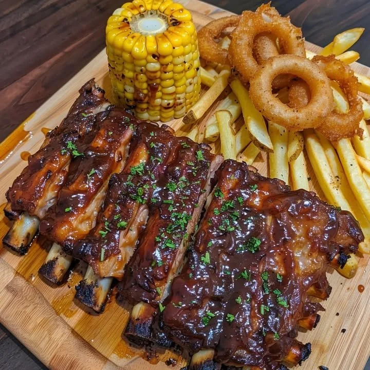 Delicious BBQ beef and pork ribs served with fries and onion rings