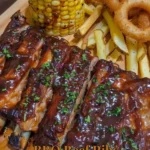 Delicious BBQ beef ribs on a grill with smoky flavor and glistening sauce.