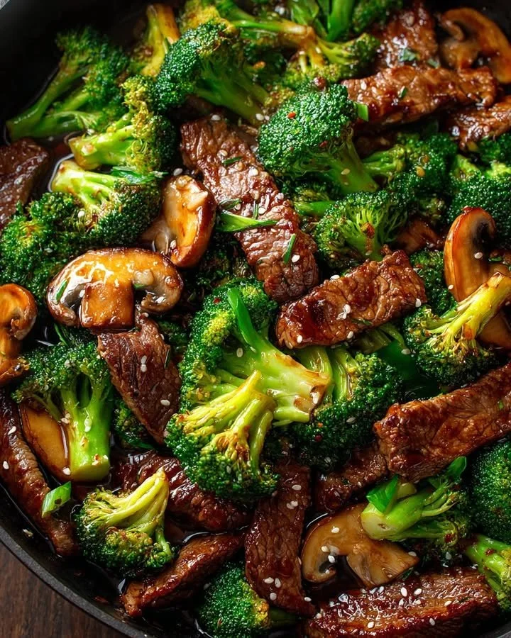 Beef broccoli stir-fry with mushrooms and garlic ginger sauce in a skillet