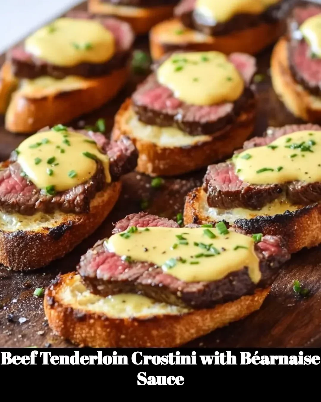Beef Tenderloin Crostini served with Béarnaise Sauce on a platter