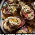 Beef tenderloin crostini with creamy Parmesan sauce on a wooden platter