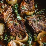 A bowl of Belgian-style slow-cooked beef stew with vegetables and herbs