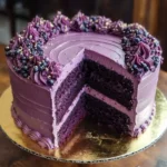 Delicious slice of homemade purple velvet cake with cream cheese frosting