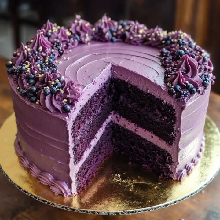 Delicious slice of homemade purple velvet cake with cream cheese frosting
