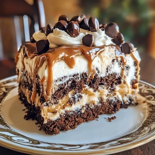 Delicious Better Than Anything Cake topped with chocolate and caramel