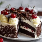 Delicious homemade Black Forest Cake with chocolate, cherries, and whipped cream