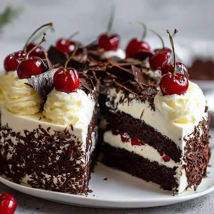 Delicious homemade Black Forest Cake with chocolate, cherries, and whipped cream