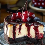 Delicious Black Forest Cheesecake topped with cherries and chocolate shavings