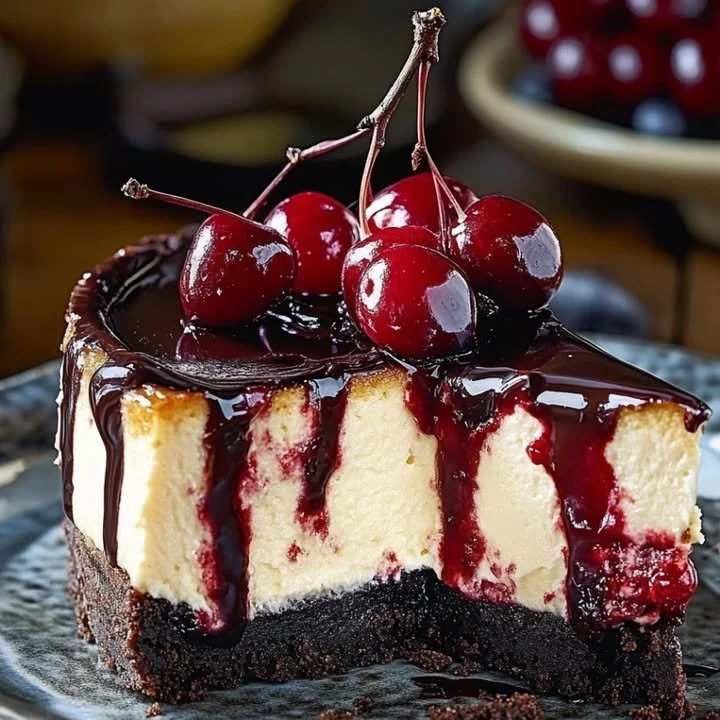 Delicious Black Forest Cheesecake topped with cherries and chocolate shavings