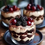 Delicious Black Forest Tiramisu layered with chocolate, coffee, and cherries.