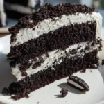 Slice of Black Velvet Cake topped with creamy Oreo frosting