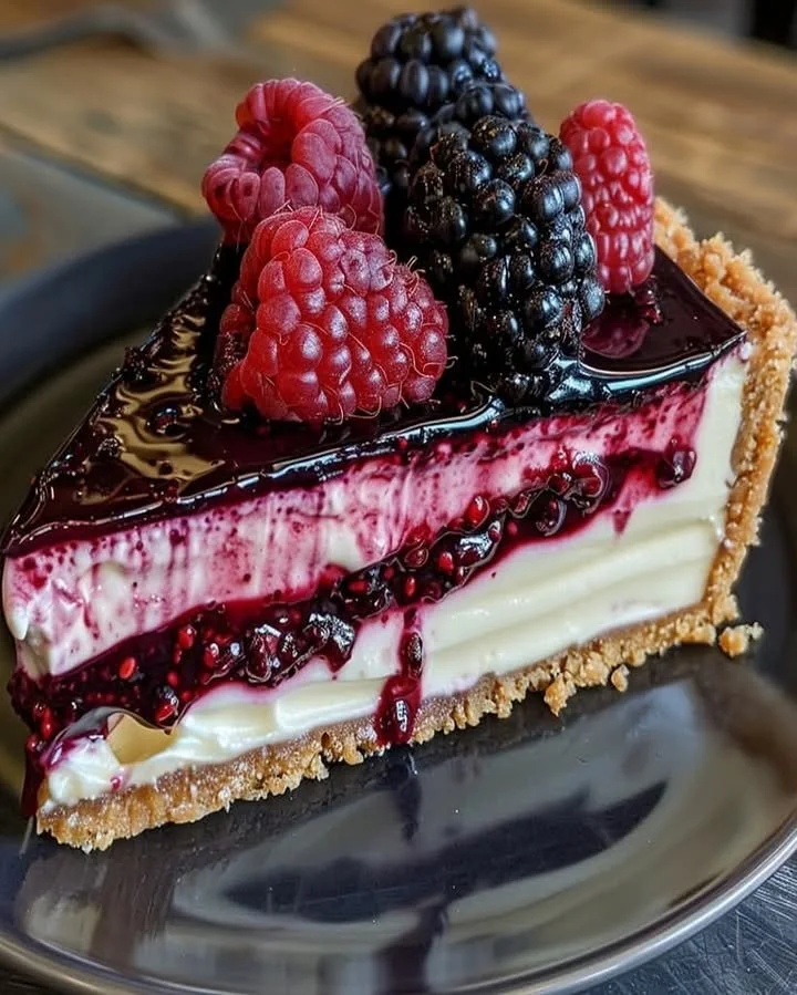 Delicious blackberry raspberry cheesecake topped with fresh berries