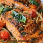Blackened Salmon filets served with mafaldine pasta in creamy tomato basil sauce.