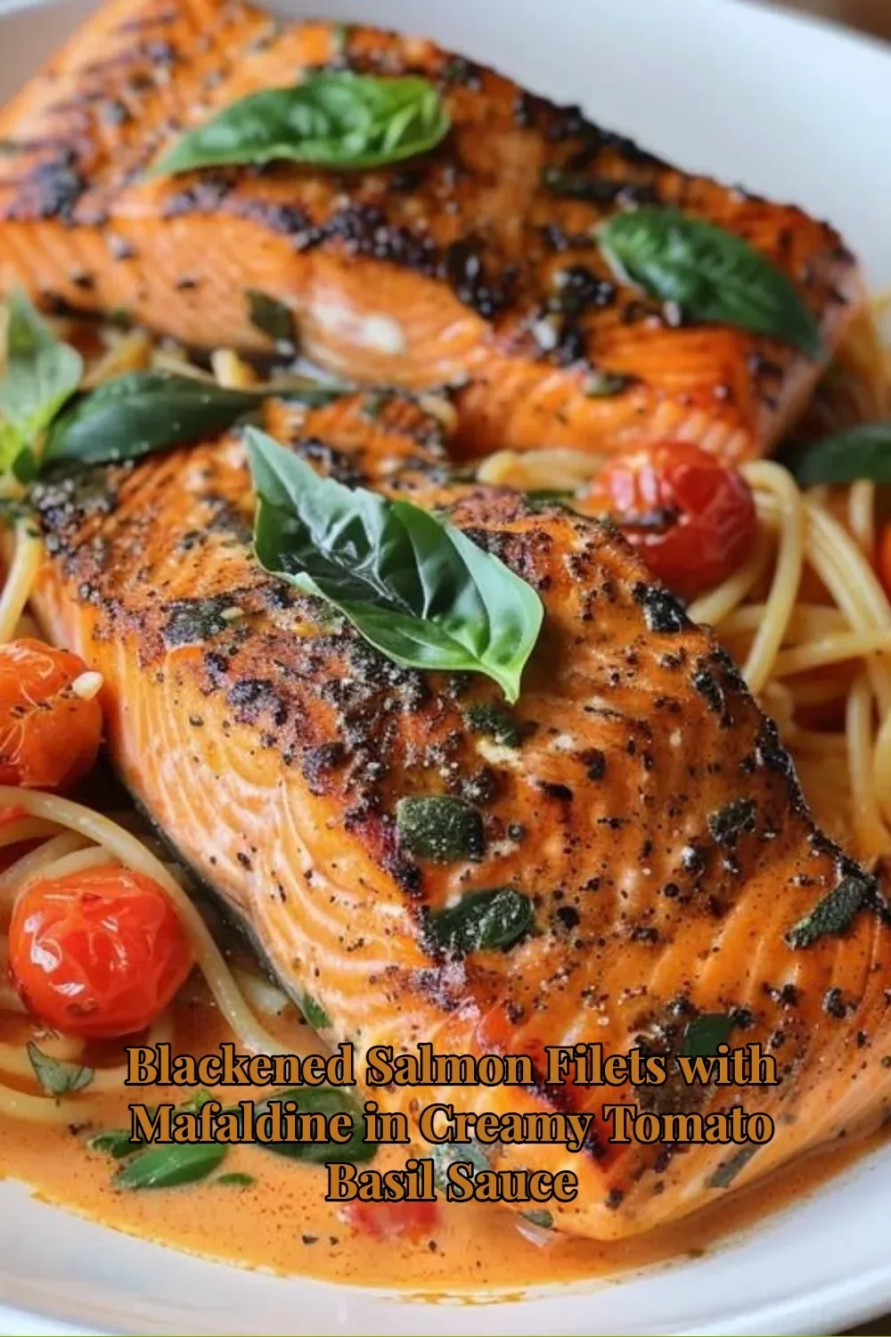 Blackened Salmon filets served with mafaldine pasta in creamy tomato basil sauce.