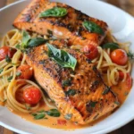 Blackened Salmon filets with mafaldine in creamy tomato basil sauce on a plate.