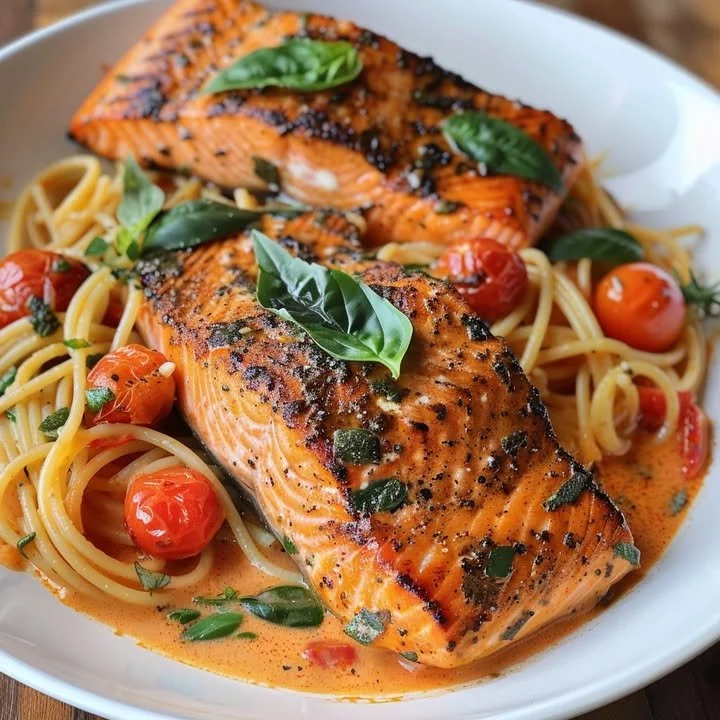 Blackened Salmon filets with mafaldine in creamy tomato basil sauce on a plate.