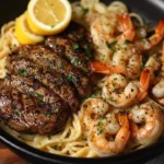 Delicious blackened steak and shrimp scampi dish served on a plate