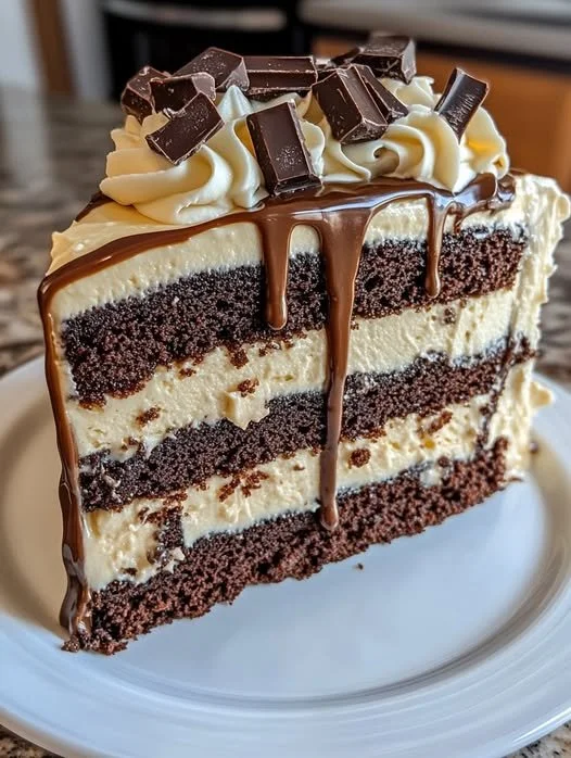 Blue Ribbon Chocolate Dream Cake topped with rich chocolate frosting and decorations