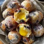 Blueberry cake donut holes drizzled with citrus glaze and filled with lemon curd.