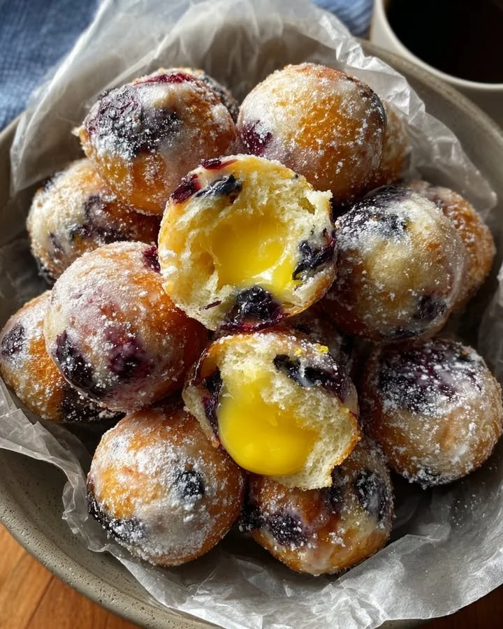 Blueberry cake donut holes drizzled with citrus glaze and filled with lemon curd.