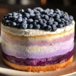 Delicious blueberry cream cheese layer cake with fresh blueberries and frosting
