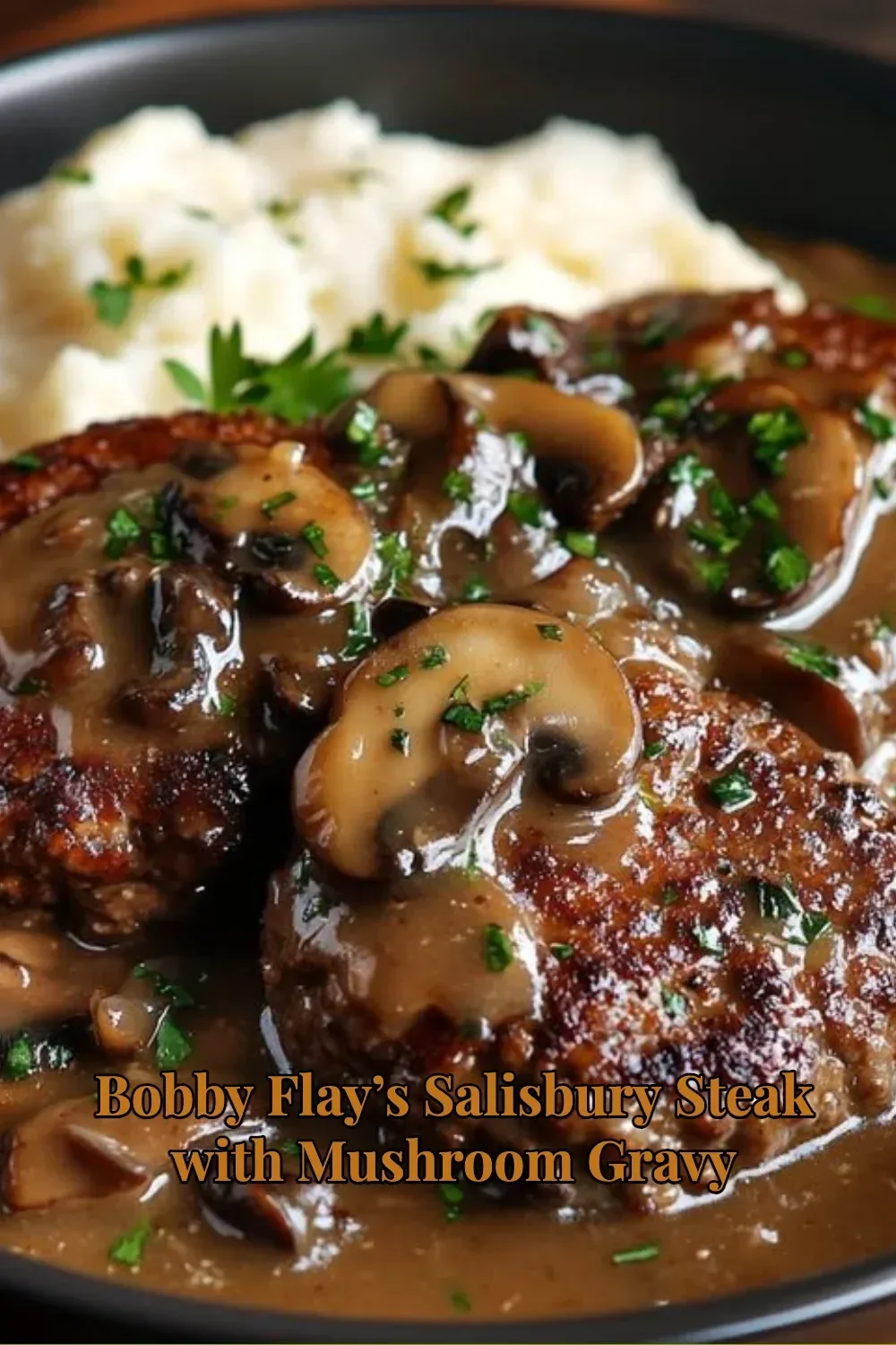 Bobby Flay's Salisbury steak with mushroom gravy served on a plate