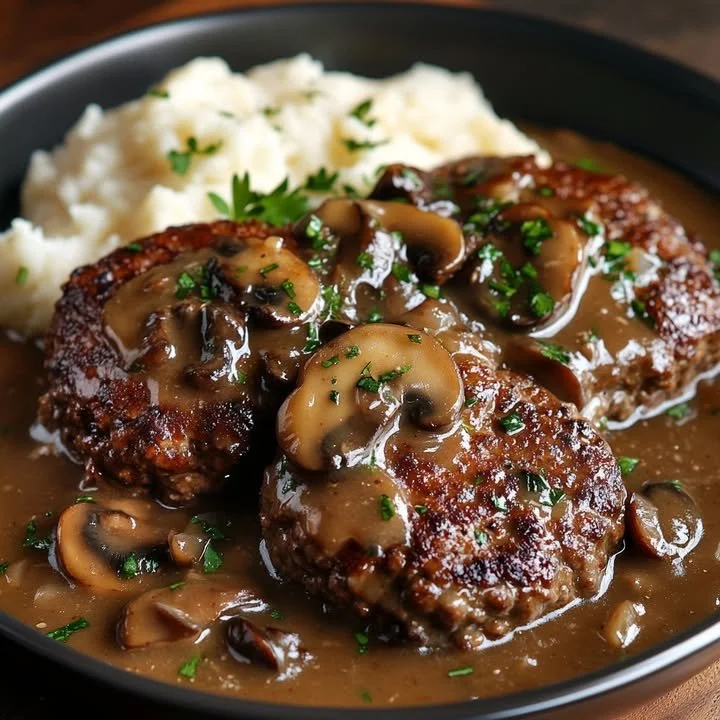 Bobby Flay's Salisbury Steak served with delicious mushroom gravy