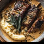 Braised short ribs served in creamy herb sauce on a dinner plate