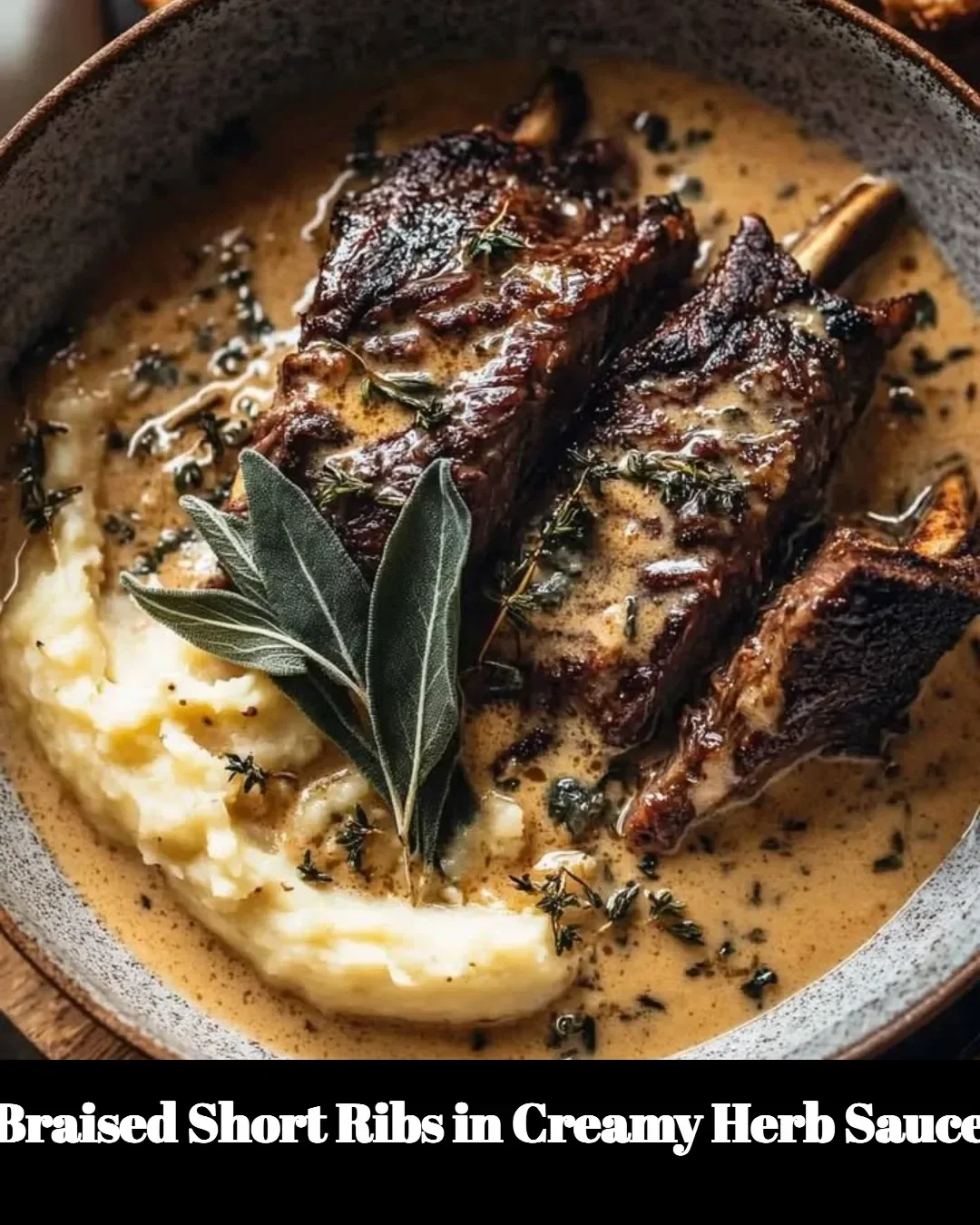 Braised short ribs served in creamy herb sauce on a dinner plate