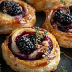 Brie and Blackberry Puff Pastry Swirls with Honey and Rosemary on a serving plate