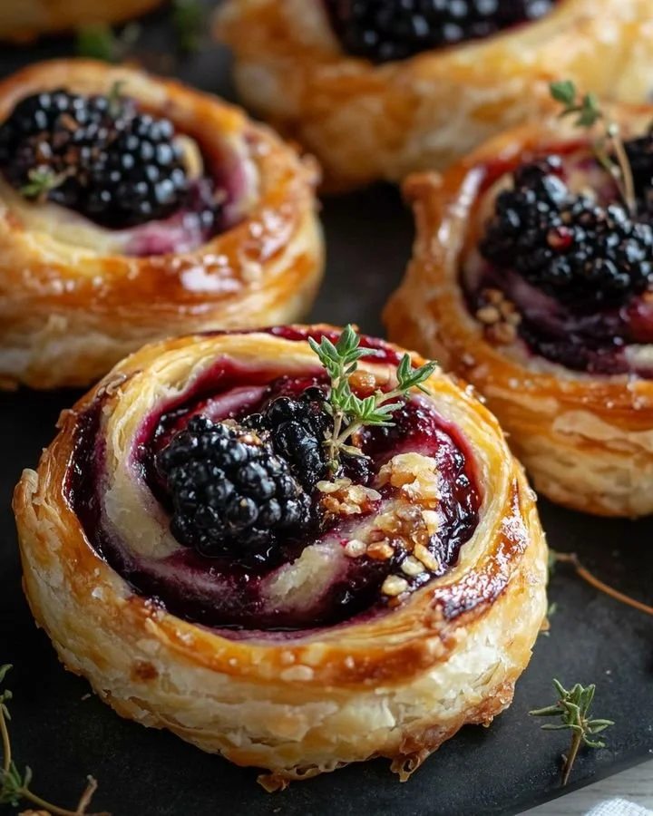 Brie and Blackberry Puff Pastry Swirls with Honey and Rosemary on a serving plate