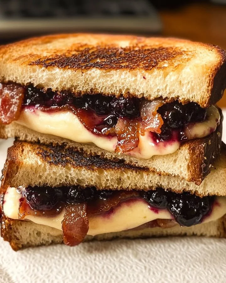 Brie, bacon, and blackberry grilled sandwiches served on a plate