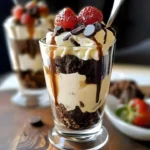 Delicious Brownie Cheesecake Parfait layered with chocolate and cheesecake.