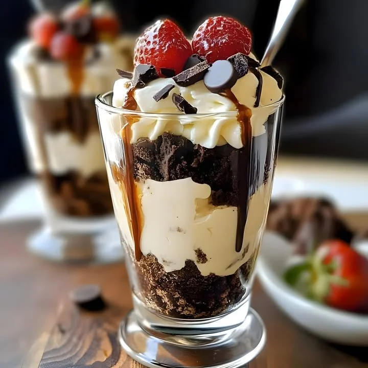 Delicious Brownie Cheesecake Parfait layered with chocolate and cheesecake.