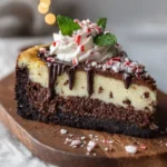 Delicious Brownie Peppermint Cheesecake with layers of brownies and peppermint cream