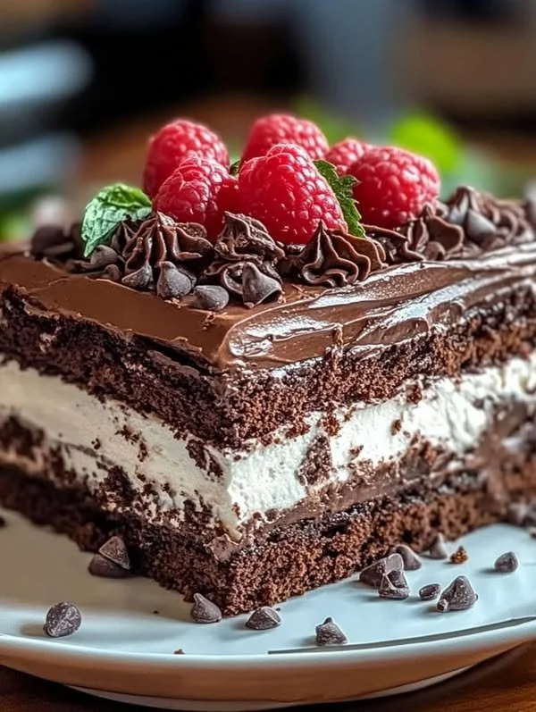 Delicious Brownie Refrigerator Cake topped with chocolate and nuts