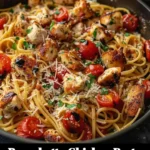 Plate of Bruschetta Chicken Pasta garnished with fresh basil and tomatoes