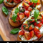 Burrata Bruschetta topped with tomatoes and basil on toasted bread