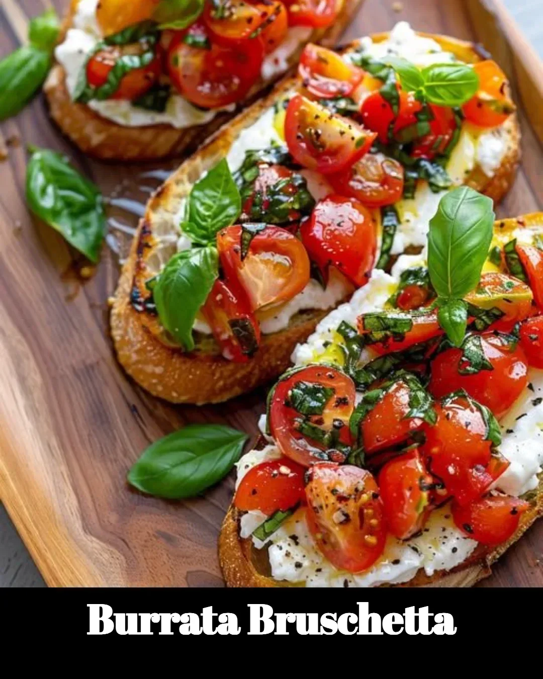 Burrata Bruschetta topped with tomatoes and basil on toasted bread