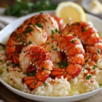 Delicious butter poached lobster tails plated with creamy risotto for a gourmet meal.