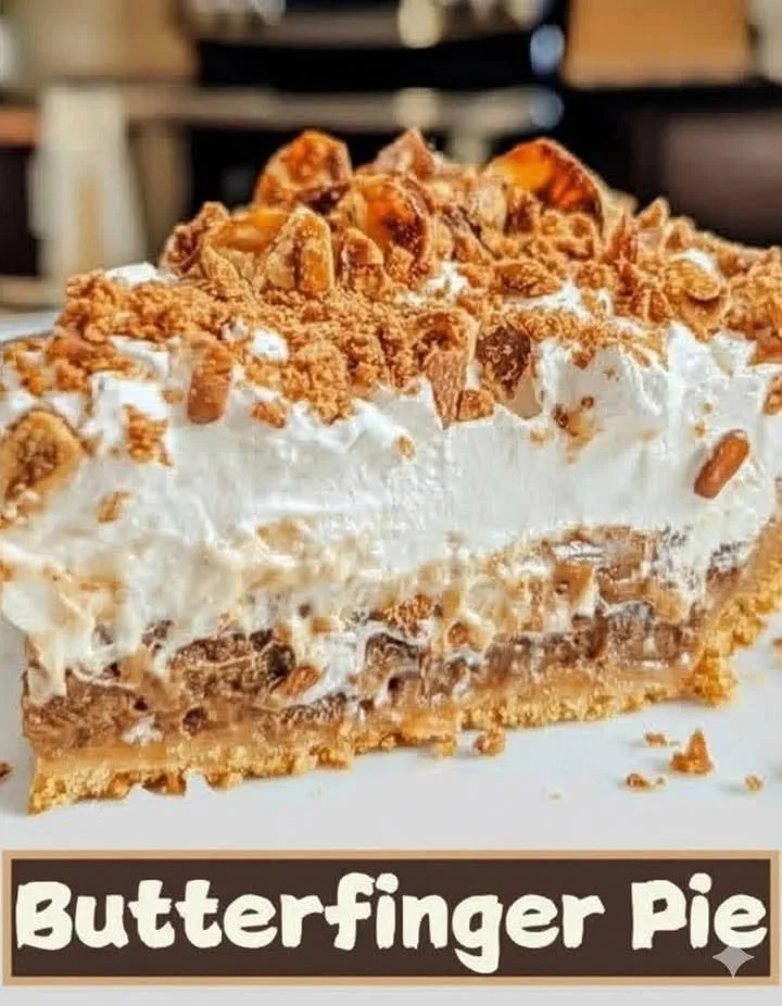 Delicious Butterfinger Pie topped with chocolate and crushed Butterfinger bars.