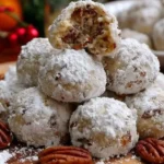 Buttery Pecan Snowball Cookies on a plate, covered in powdered sugar.