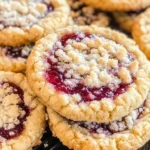 Buttery raspberry crumble cookies with sweet jam filling on a white plate